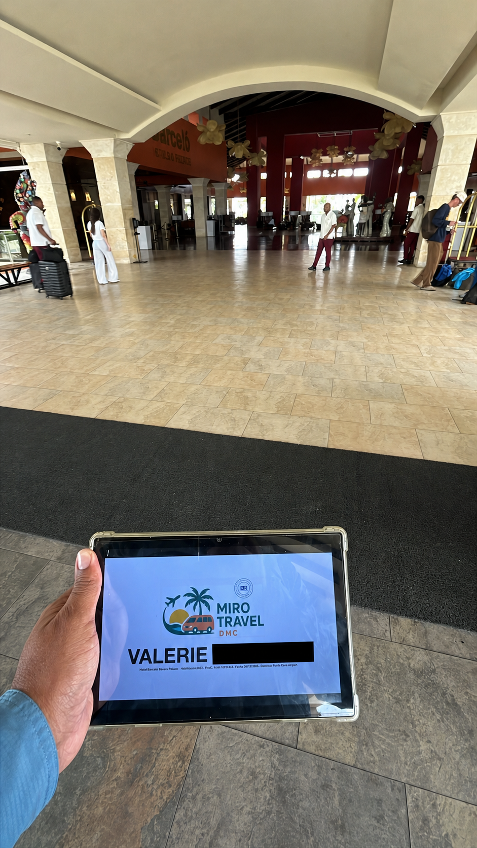 Pickup at the Barcelo Bavaro Palace lobby with Miro Travel sign