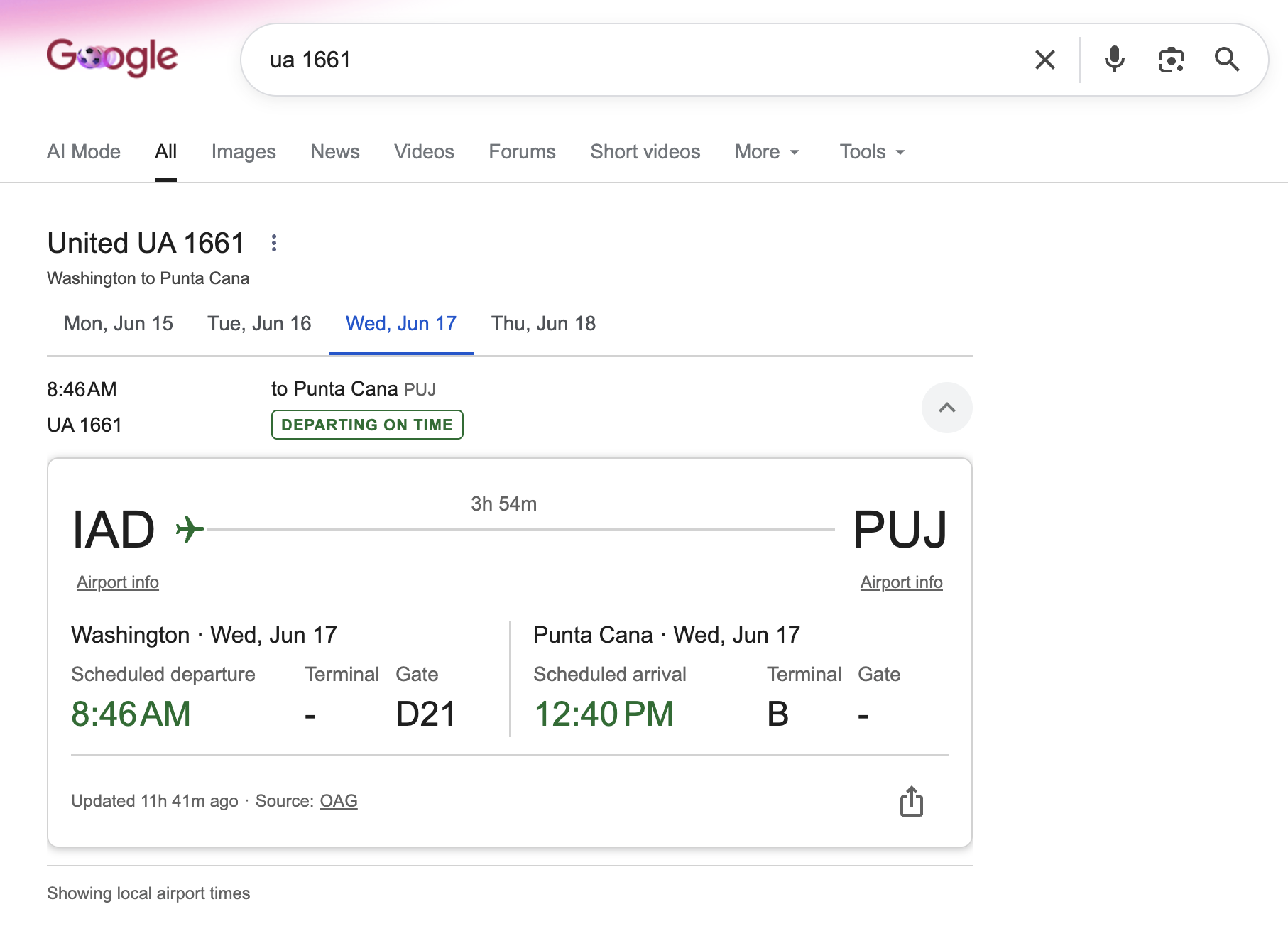 Example: search the flight number on Google and check the arrival terminal at PUJ